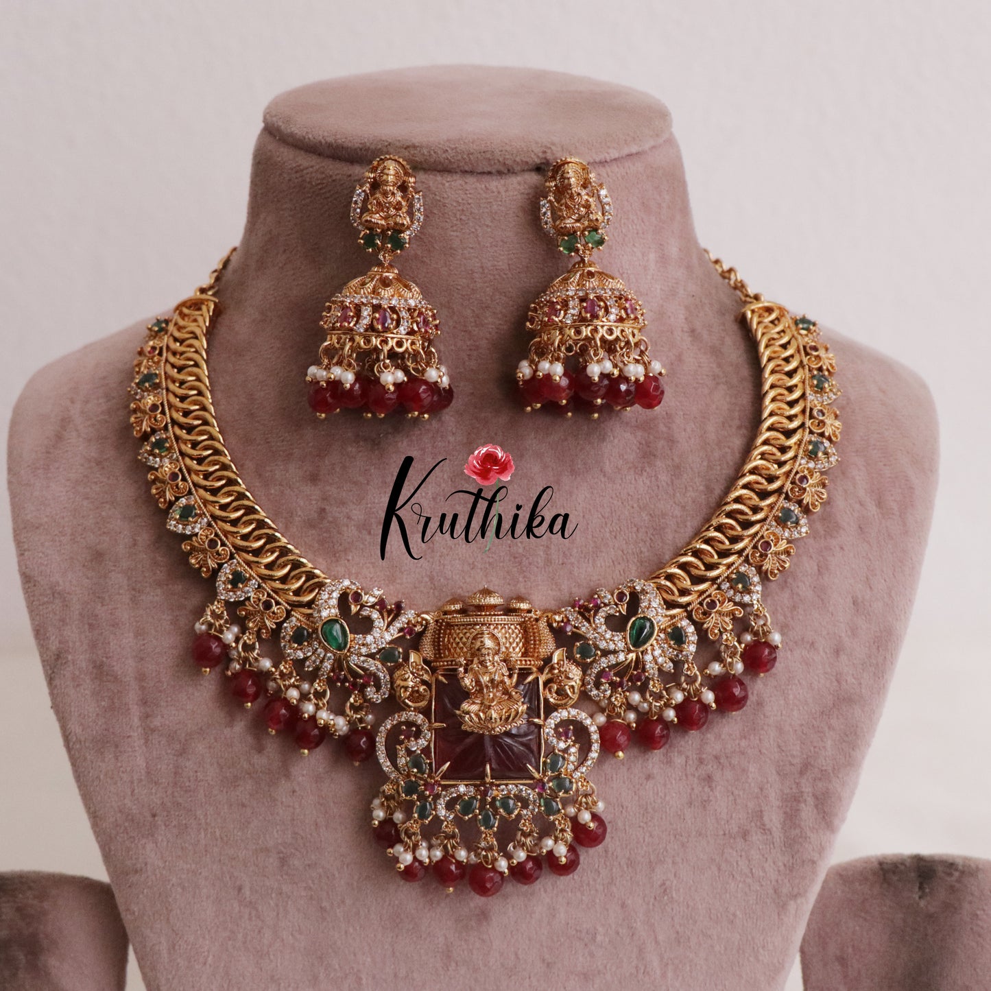 Trendy Jalebi Patten AD Stones Lakshmi Necklace with Beads Drops (Available in 2 Colours) NC1997
