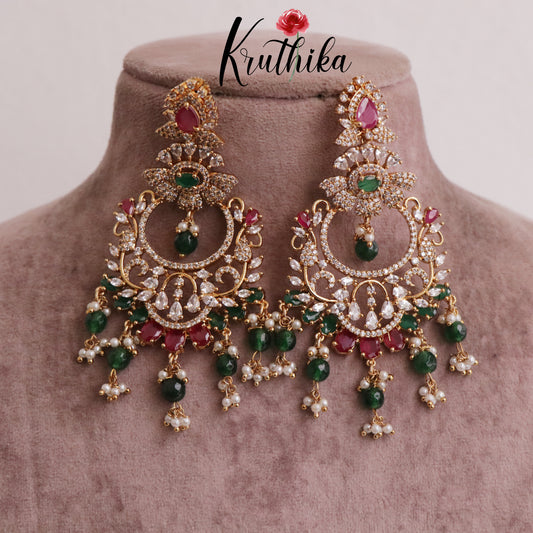 Trendy AD chandbalis with Green Beads E515