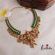 Beautiful Oval Stones CZ Lakshmi Devi Pendant Necklace with Golden Beads Drops (Availabe in 2 Colours) NC1998