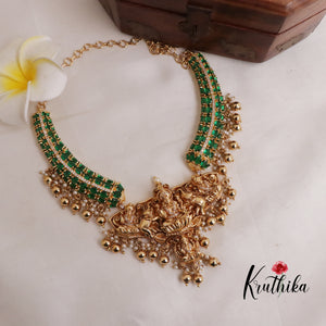 Beautiful Oval Stones CZ Lakshmi Devi Pendant Necklace with Golden Beads Drops (Availabe in 2 Colours) NC1998