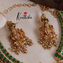Beautiful Oval Stones CZ Lakshmi Devi Pendant Necklace with Golden Beads Drops (Availabe in 2 Colours) NC1998
