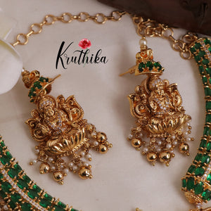Beautiful Oval Stones CZ Lakshmi Devi Pendant Necklace with Golden Beads Drops (Availabe in 2 Colours) NC1998