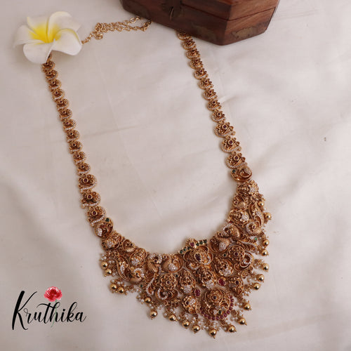 Premium Kemp Peacock Lakshmi Devi Bridal Haaram with Golden Beads LH1875