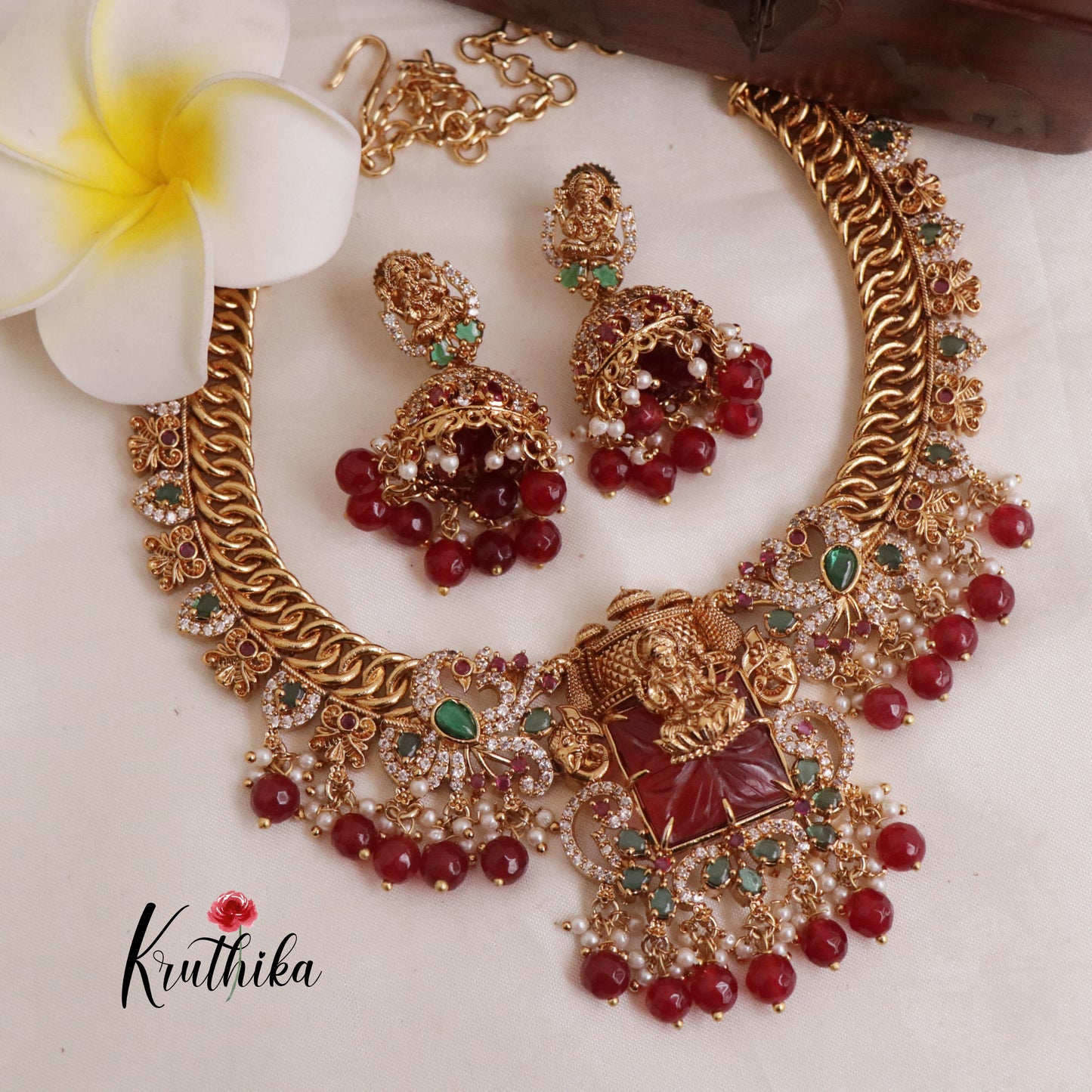Trendy Jalebi Patten AD Stones Lakshmi Necklace with Beads Drops (Available in 2 Colours) NC1997