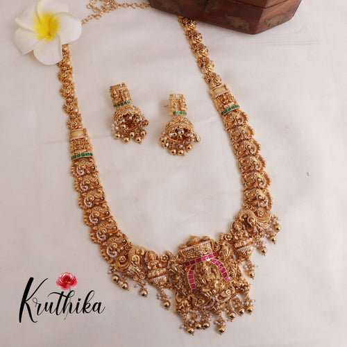 Premium Jadau Peacock Lakshmi Haaram with Golden Beads Drops LH1874