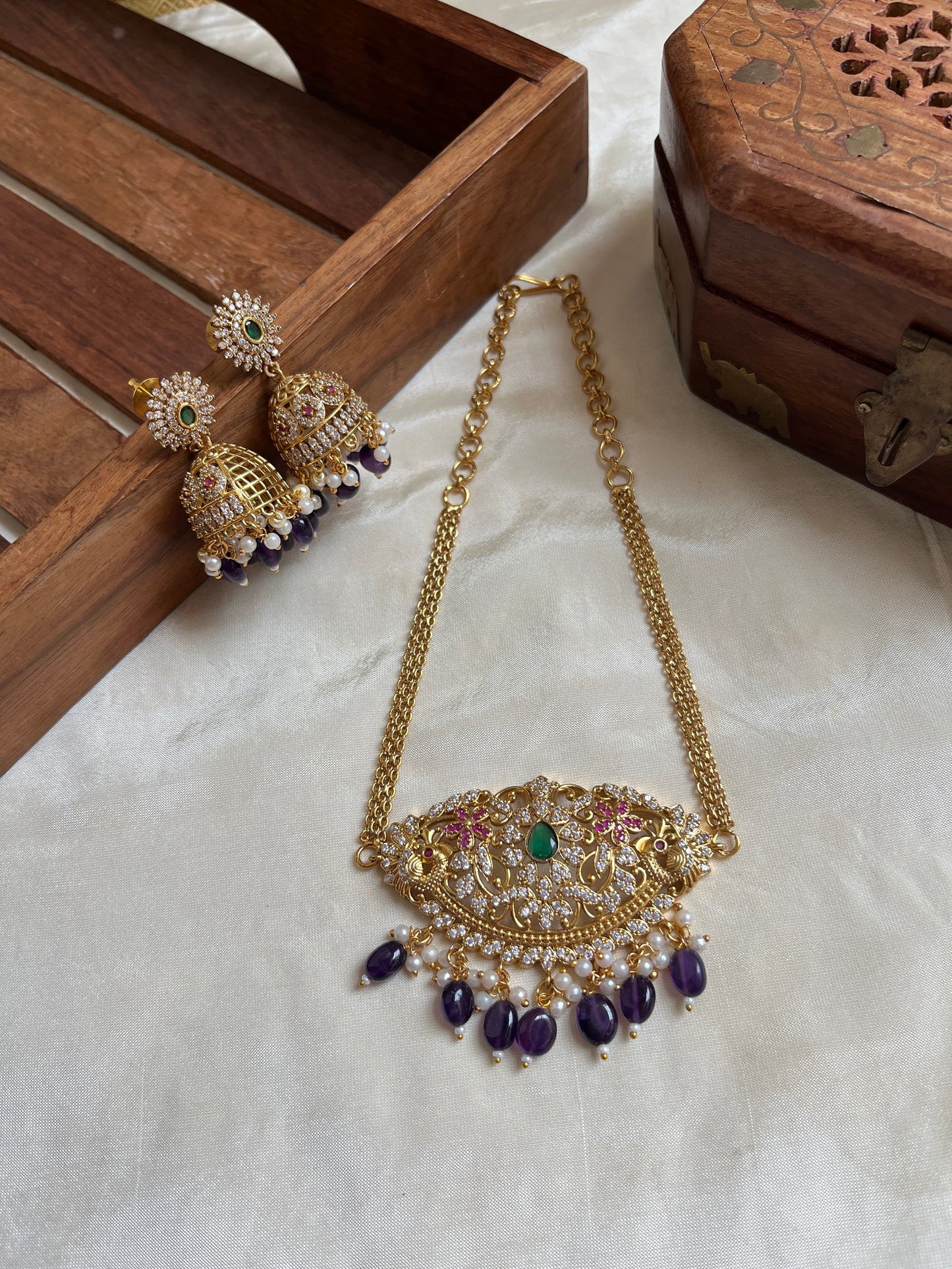 Simple Peacock Chain with Purple Beads Necklace NC1099