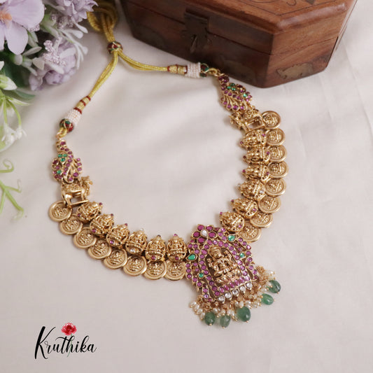 Grand Antique Temple Lakshmi Kemp Kasu Necklace with Pastel Green Beads Drops NC2151
