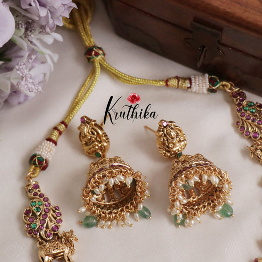 Grand Antique Temple Lakshmi Kemp Kasu Necklace with Pastel Green Beads Drops NC2151