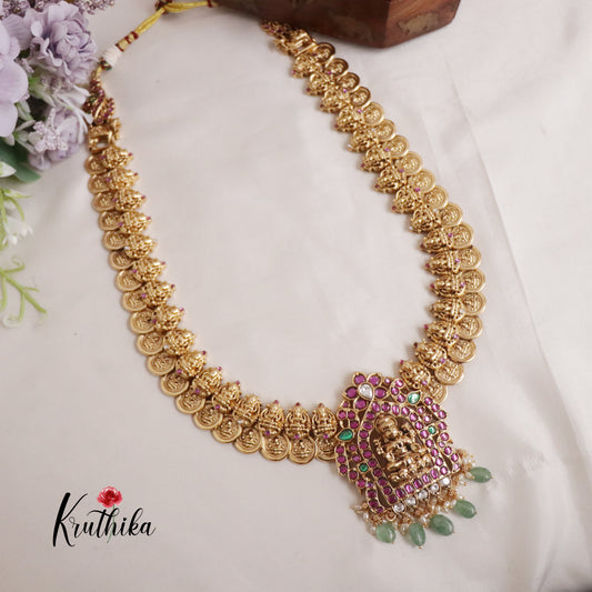 Grand Antique Temple Lakshmi Kemp Kasu Haaram with Pastel Green Beads Drops LH1927