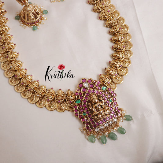 Grand Antique Temple Lakshmi Kemp Kasu Haaram with Pastel Green Beads Drops LH1927