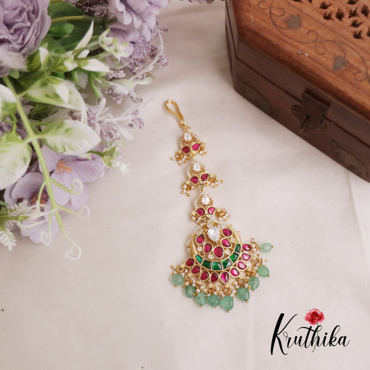 Beautiful Chandbalis Jadau Maang Tikka with Pastel Green Beads MT252
