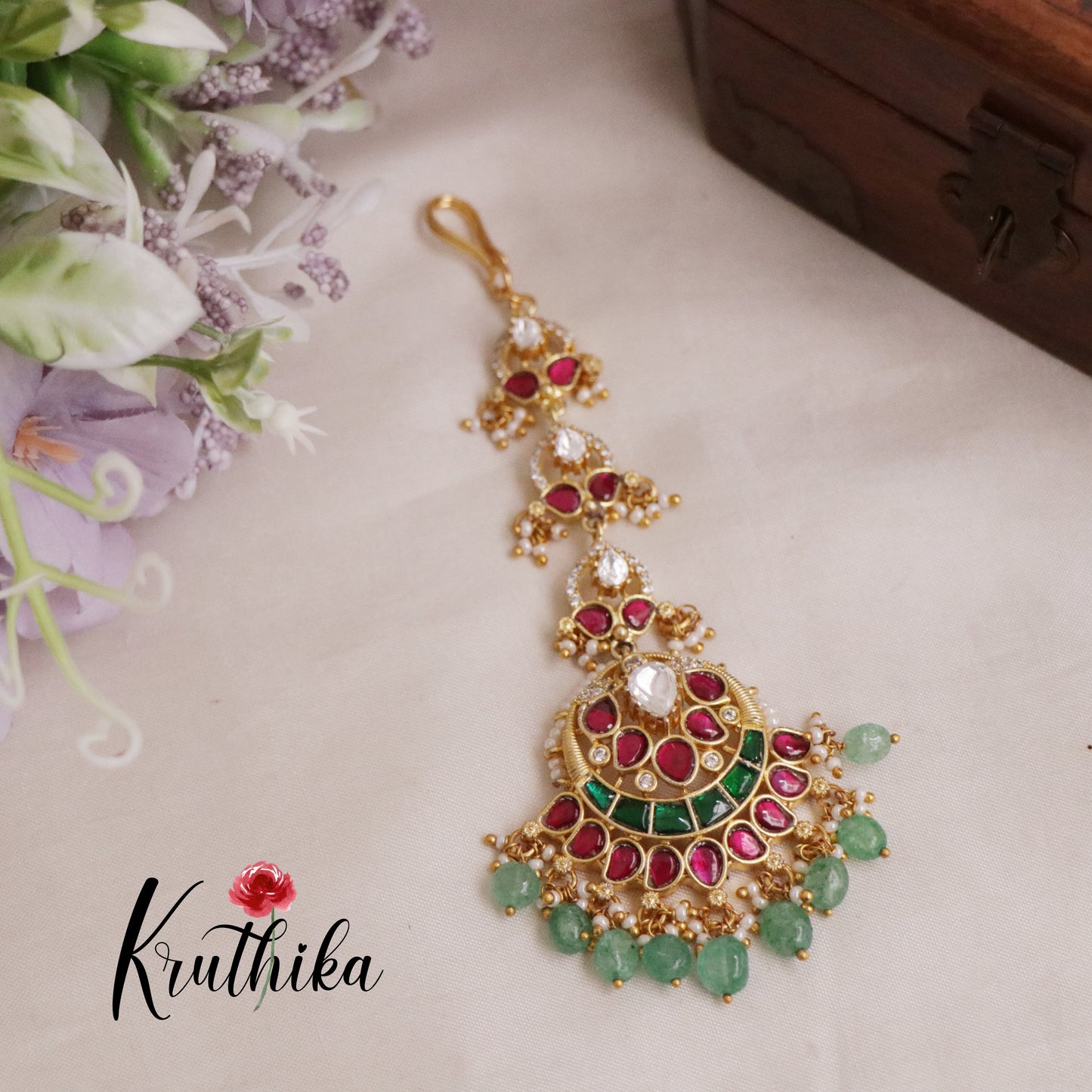 Beautiful Chandbalis Jadau Maang Tikka with Pastel Green Beads MT252