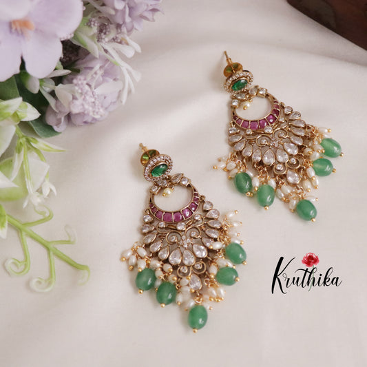 Beautiful Kemp Chandabali Earrings with green bead drops E480