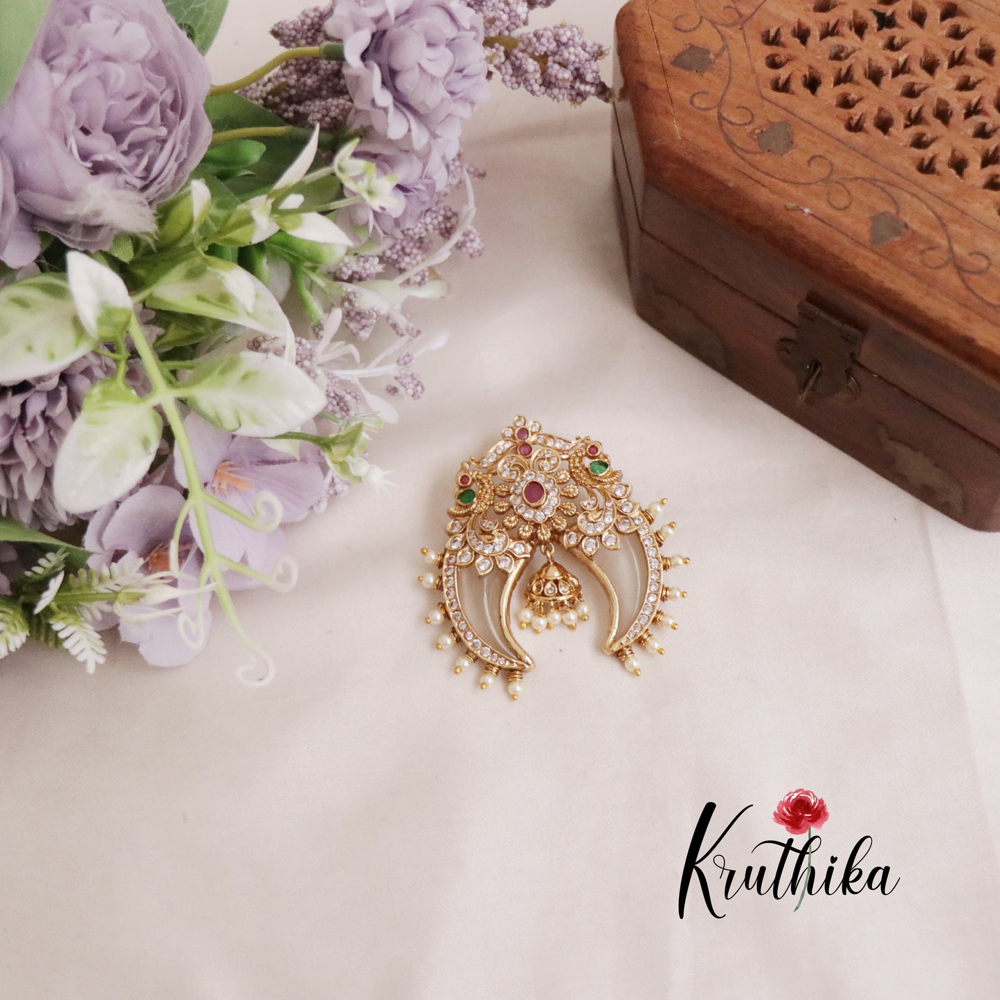 Grand Multi Stone Peacock Design  Puligoru Pendant with Jhumkas PS23