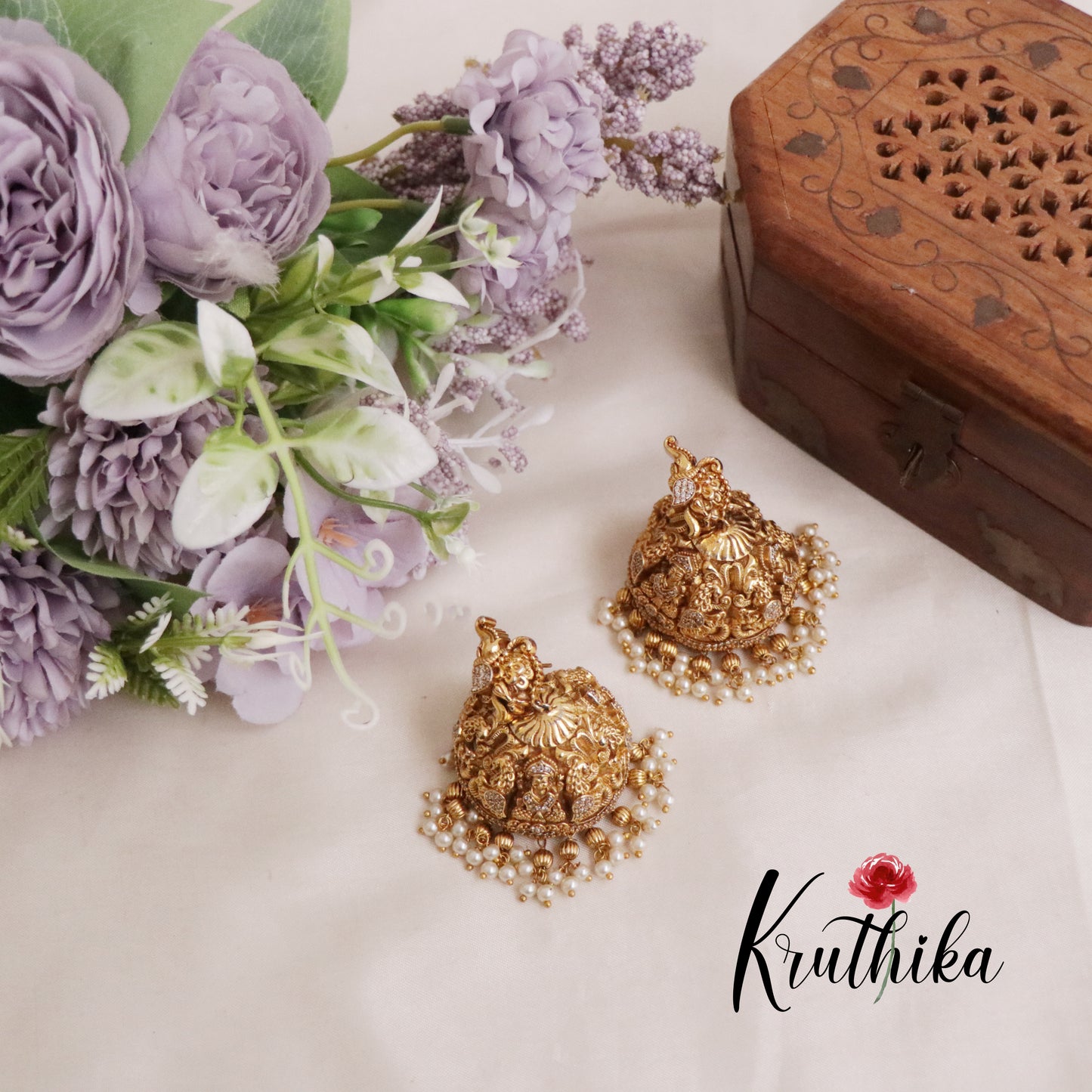 Grand CZ Temple Lakshmi Jhumkas with Pearl Drops E438