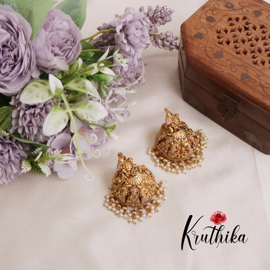 Grand CZ Temple Lakshmi Jhumkas with Pearl Drops E546