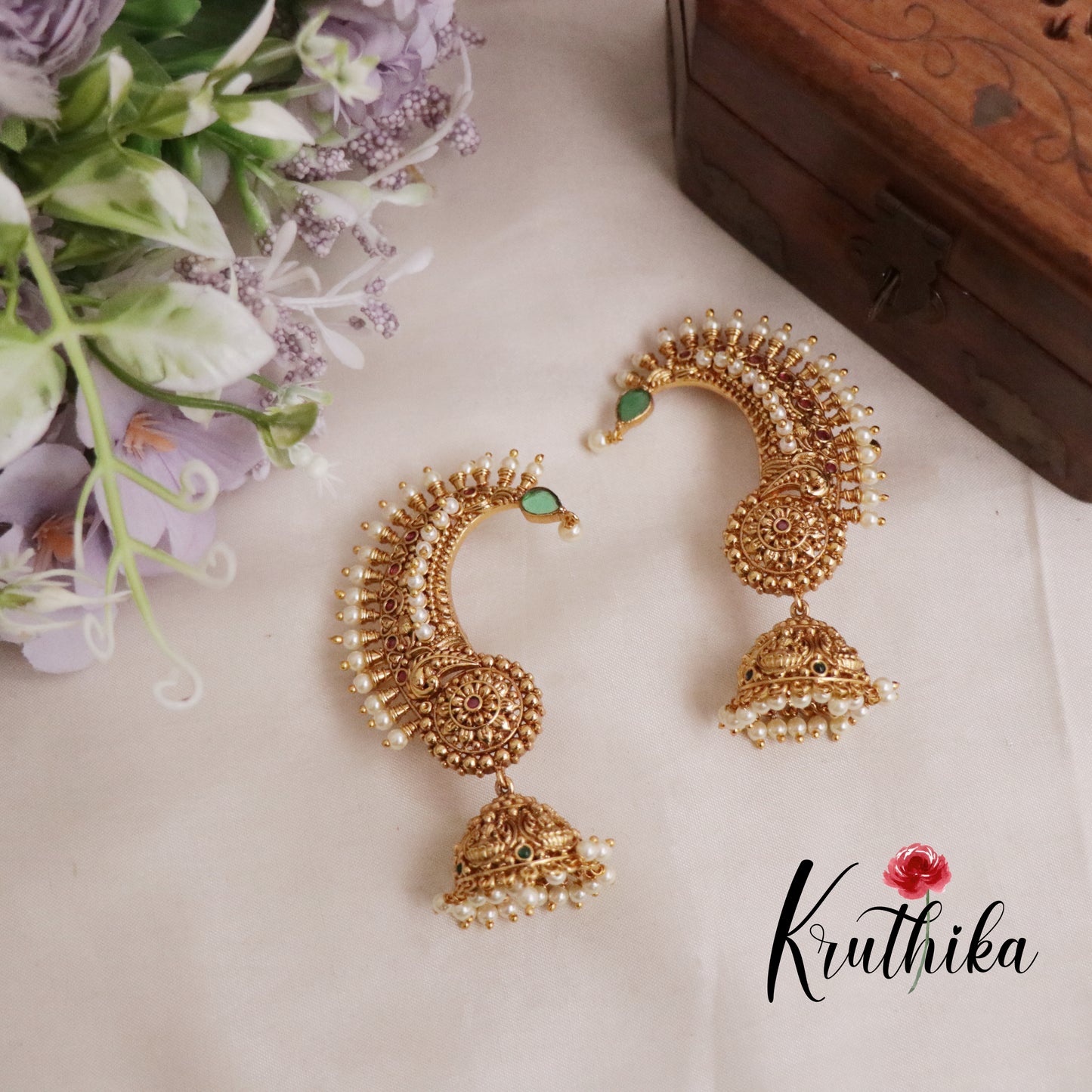 Premium AD Peacock Pearl Earcuff with Jhumkas E441