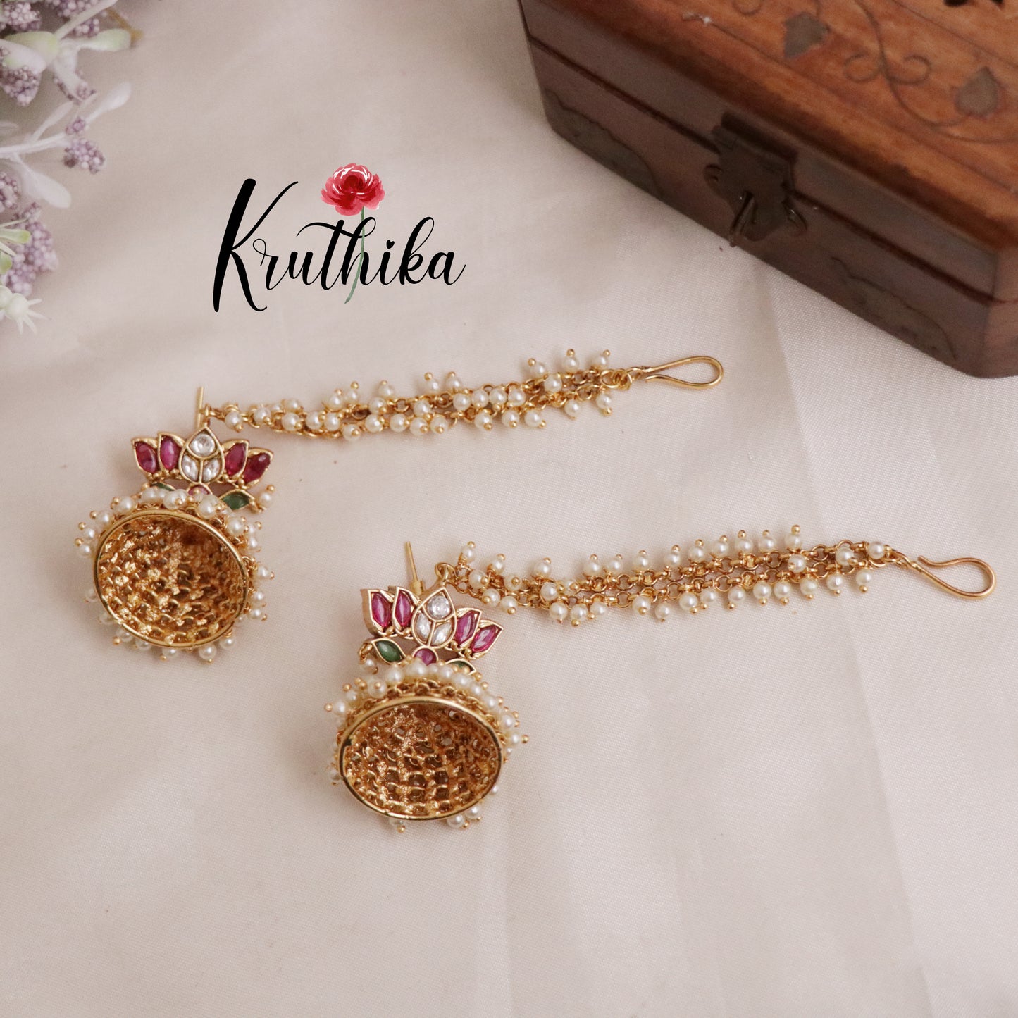 Classic Jadau Kundan Lotus Design Jhumkas with Earchains E437 (Available in 2 Colours)