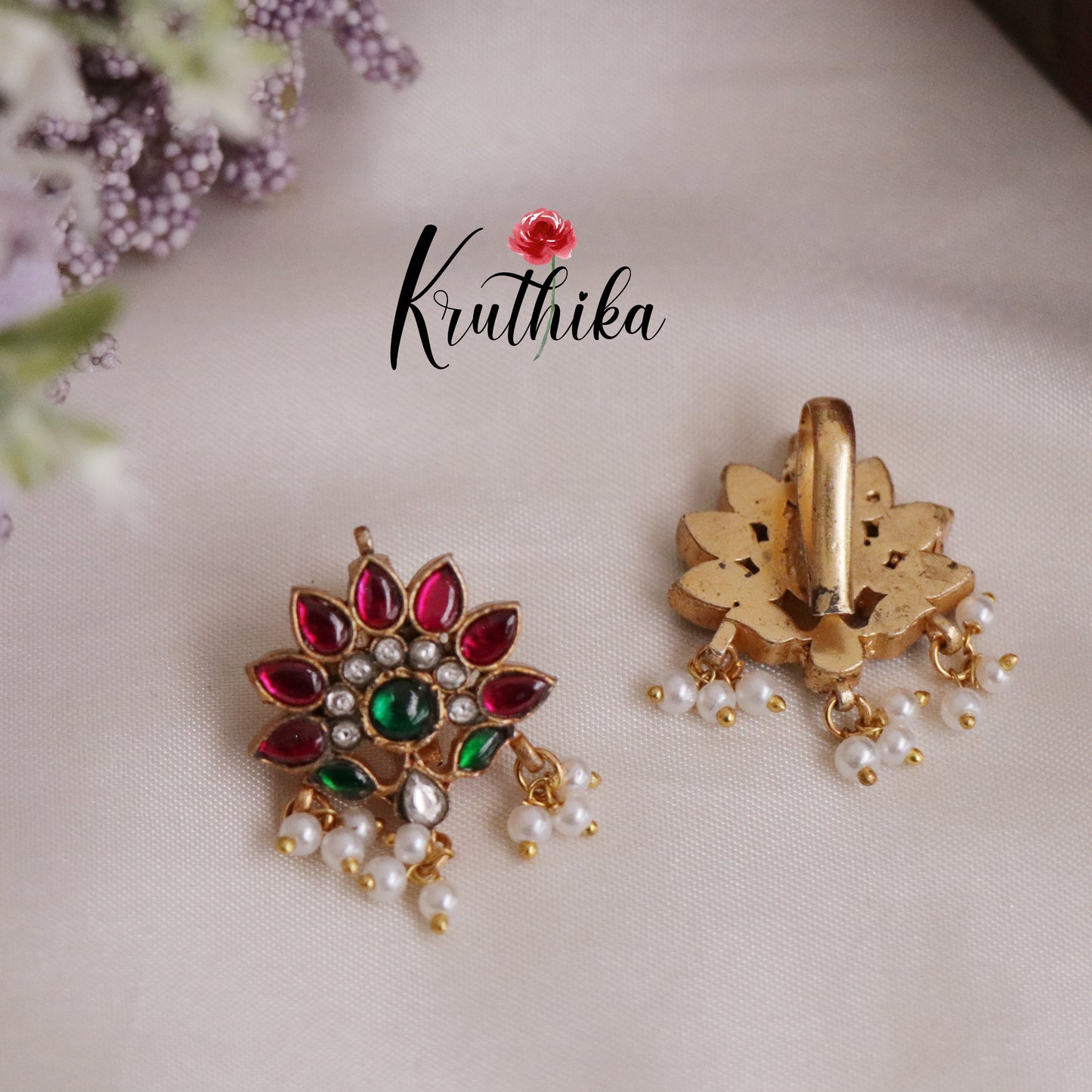 Simple Lotus Jadau Earcuffs | upper earrings | Bugadi Earrings E453