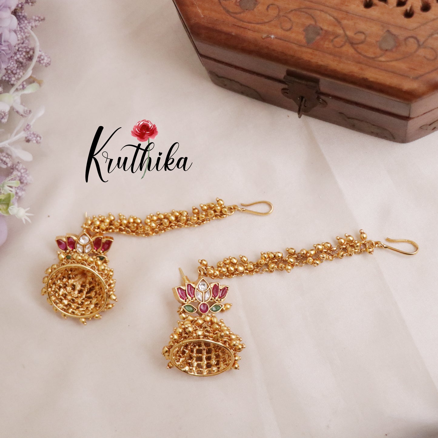 Classic Jadau Kundan Lotus Design Jhumkas with Earchains E437 (Available in 2 Colours)