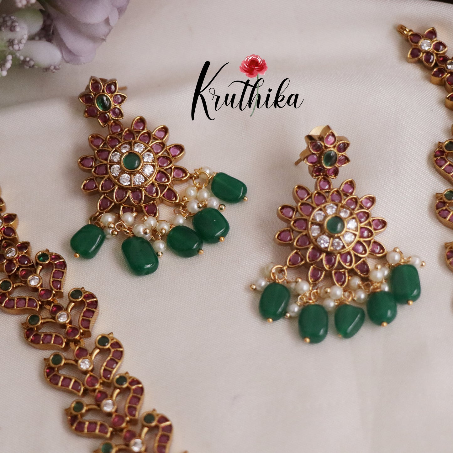Elegant Stunning Antique Kemp Floral Haaram with Green Beads Drops NC21616
