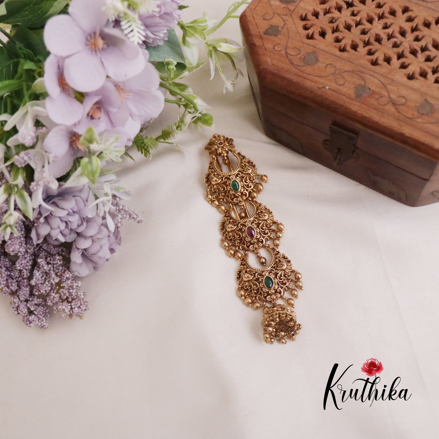 Gorgeous Antique Floral Jada Billa Jhumka With Golden Bead Drops J271