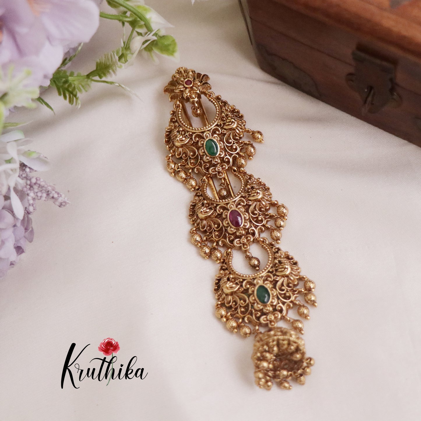 Gorgeous Antique Floral Jada Billa Jhumka With Golden Bead Drops J271