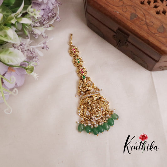 Premium CZ Jadau Temple Lakshmi Devi Peacock Design Maang Tikka with Green Beads MT251