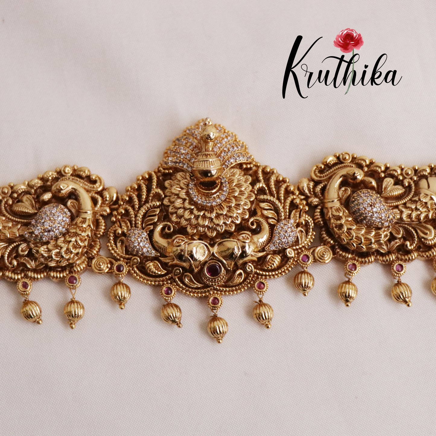 Premium AD Peacock Vaddanam Hip Chain with Golden Beads V257