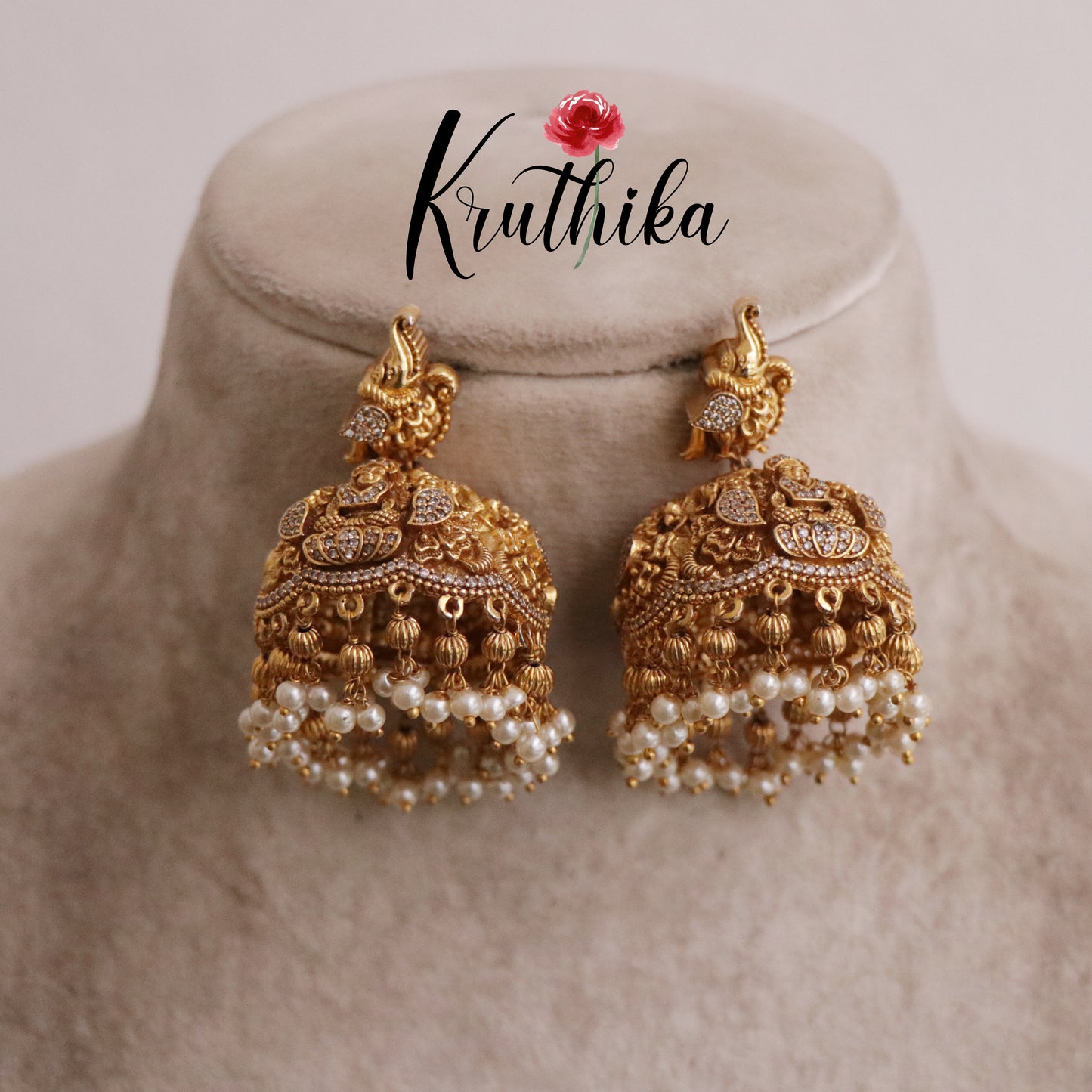 Grand CZ Temple Lakshmi Jhumkas with Pearl Drops E438