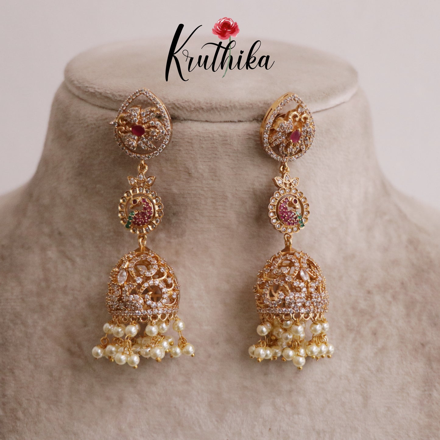 Beautiful Changeable Stone Peacock Design Jhumkas with Pearl Drops E439