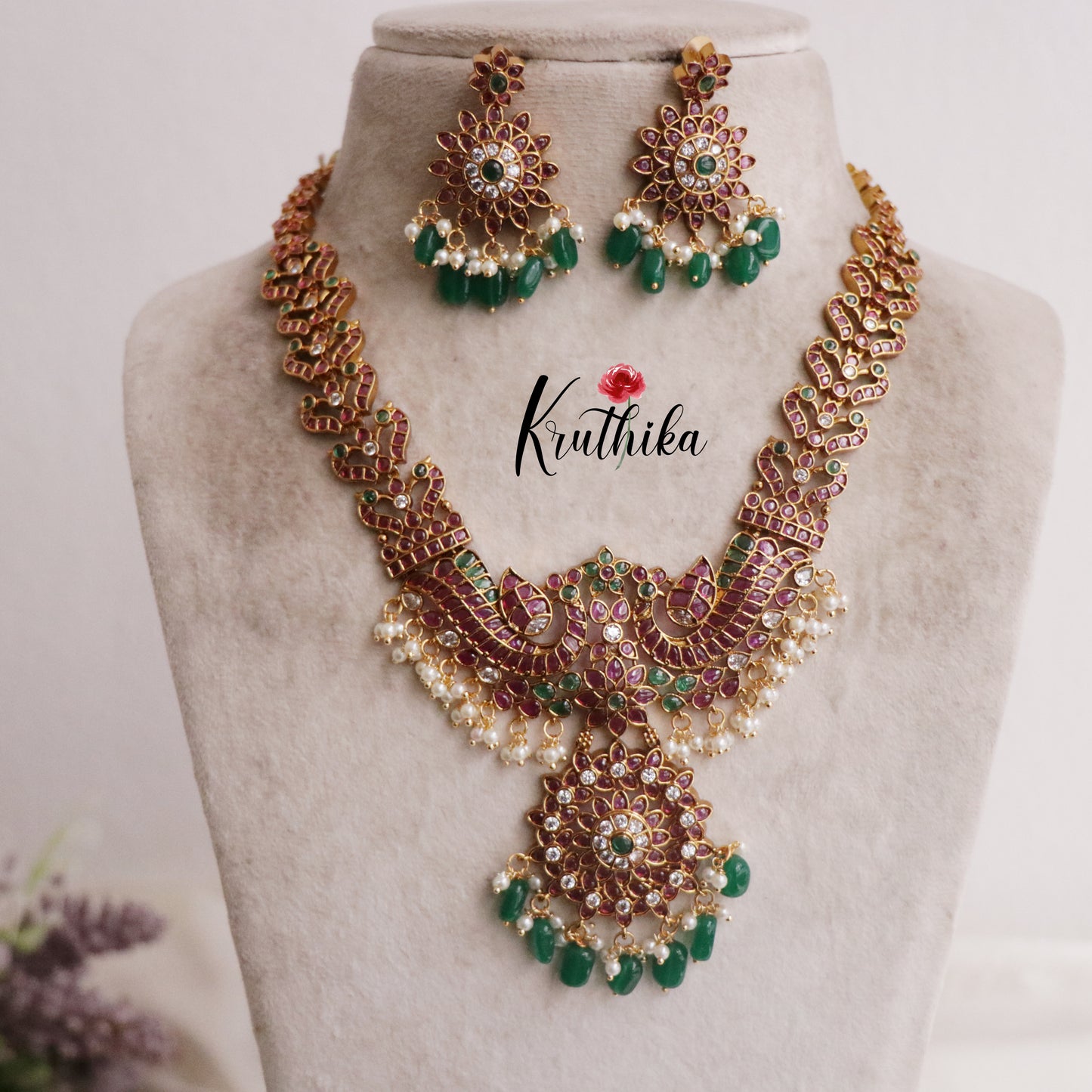 Elegant Stunning Antique Kemp Floral Haaram with Green Beads Drops NC21616
