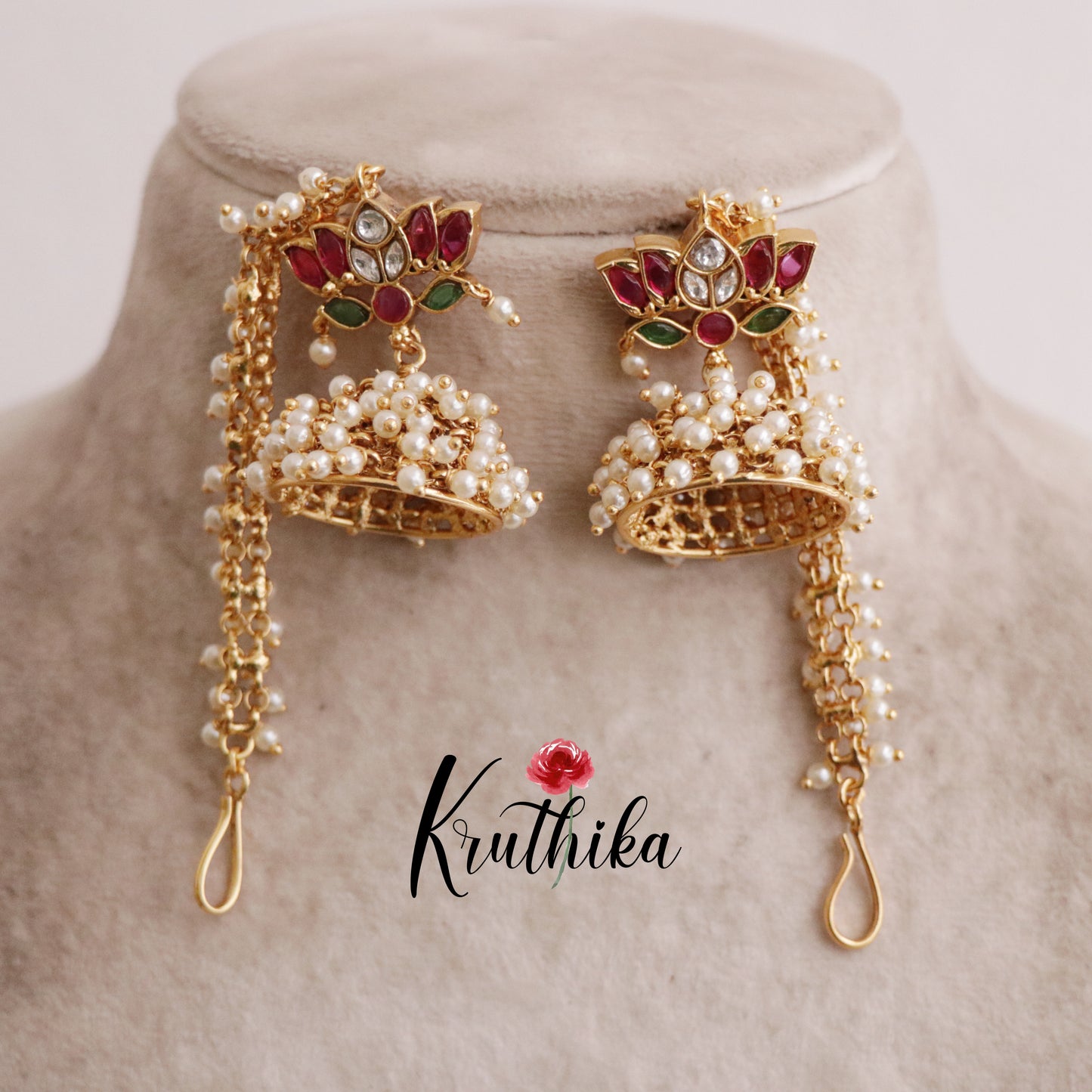 Classic Jadau Kundan Lotus Design Jhumkas with Earchains E437 (Available in 2 Colours)