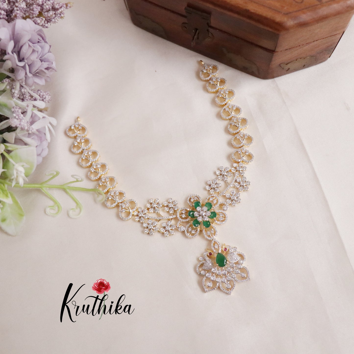 Beautiful CZ Jade Blossom AD Necklace Set NC2144 (Available in 3 Colours)