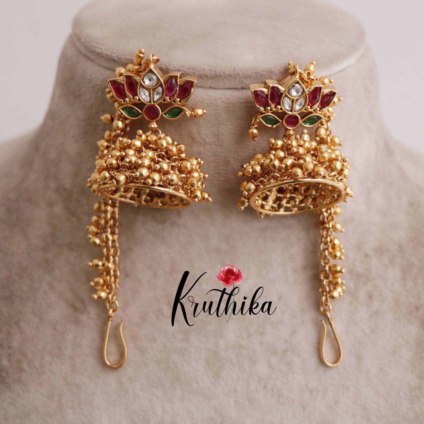 Classic Jadau Kundan Lotus Design Jhumkas with Earchains E437 (Available in 2 Colours)