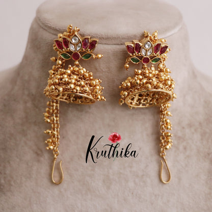Classic Jadau Kundan Lotus Design Jhumkas with Earchains E437 (Available in 2 Colours)