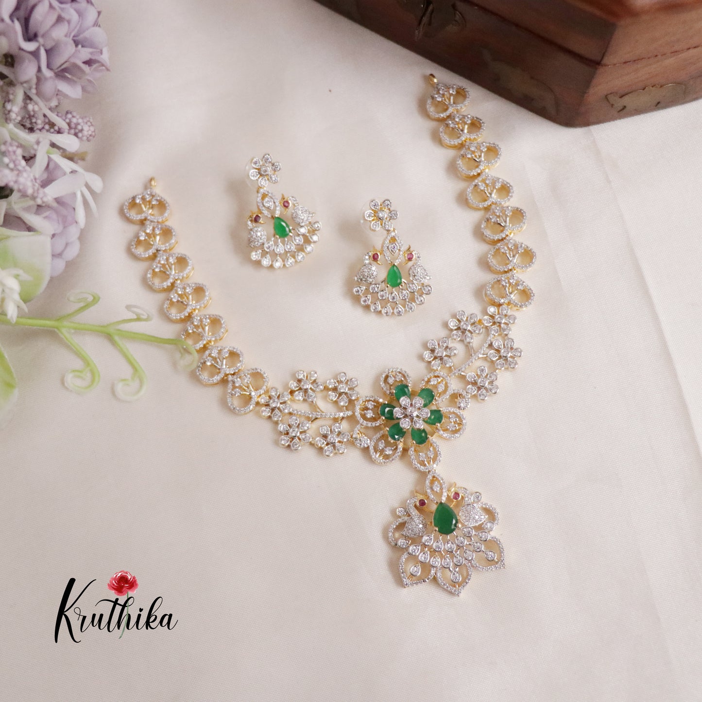 Beautiful CZ Jade Blossom AD Necklace Set NC2144 (Available in 3 Colours)