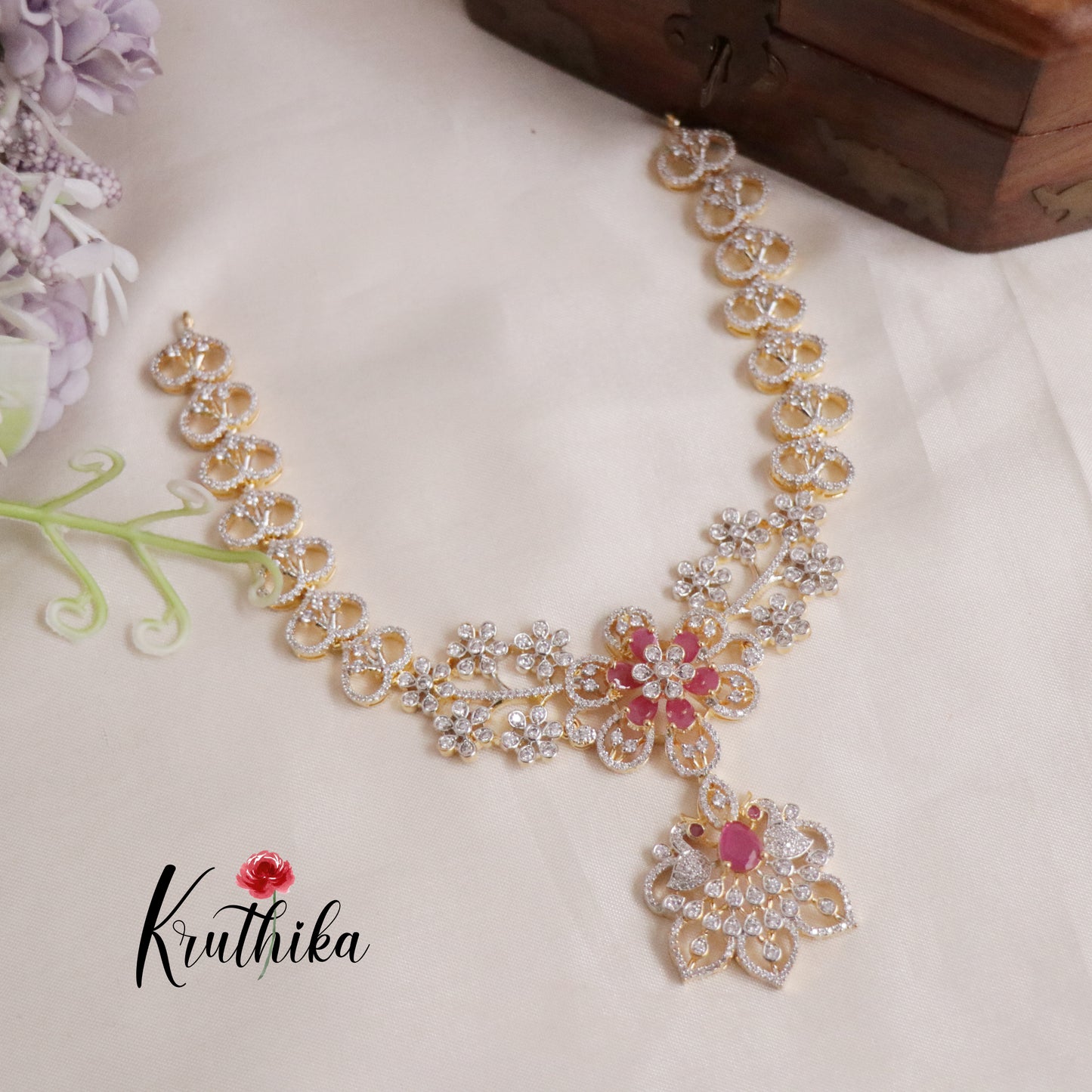 Beautiful CZ Jade Blossom AD Necklace Set NC2144 (Available in 3 Colours)