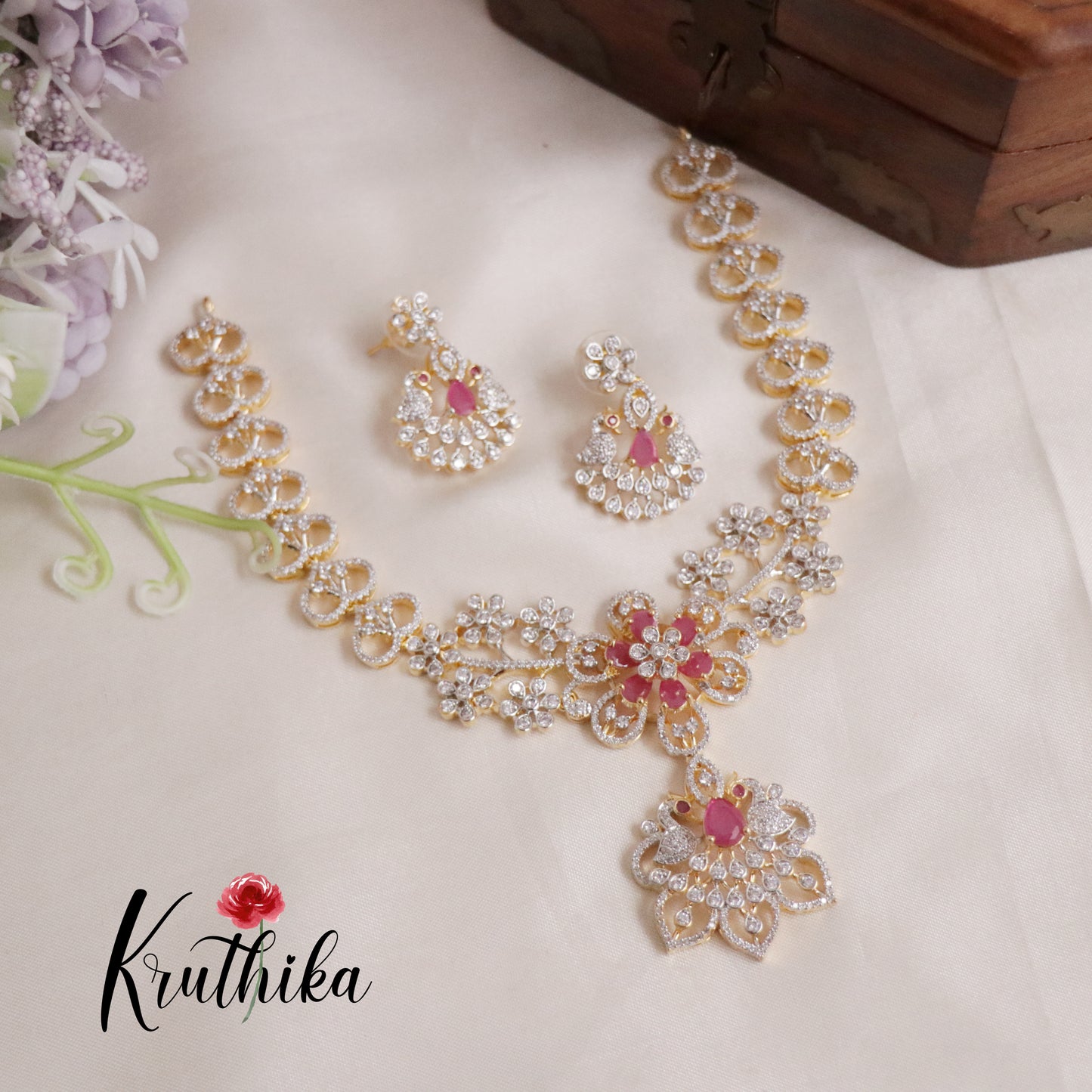Beautiful CZ Jade Blossom AD Necklace Set NC2144 (Available in 3 Colours)