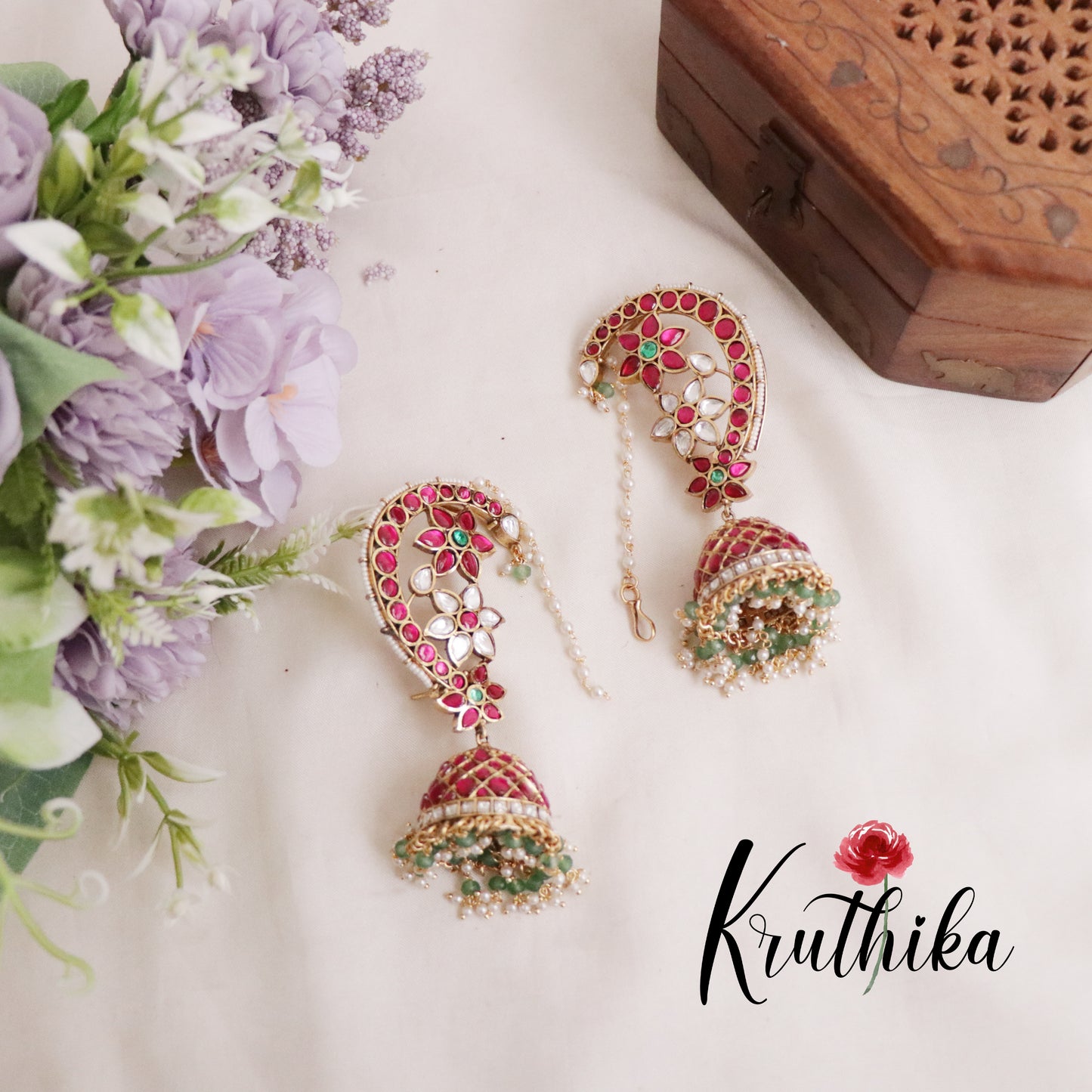 Premium Multi Stone Jadau Peacock Jhumkas Earcuff with Earchains E431