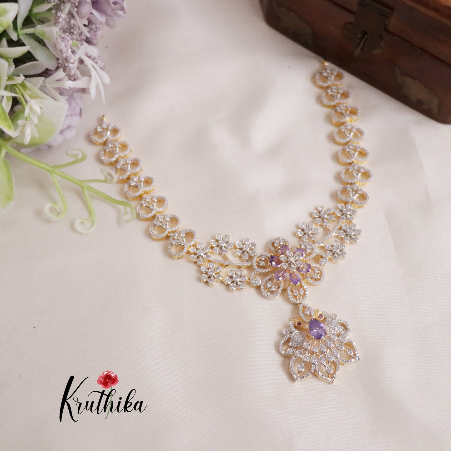 Beautiful CZ Jade Blossom AD Necklace Set NC2144 (Available in 3 Colours)