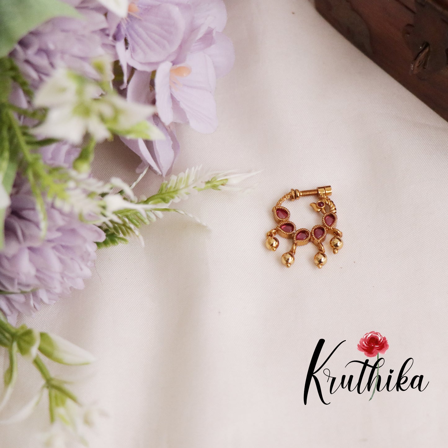 Trendy Peacock Design Nose Ring with Golden Beads N35 (Available in 4 Colours)