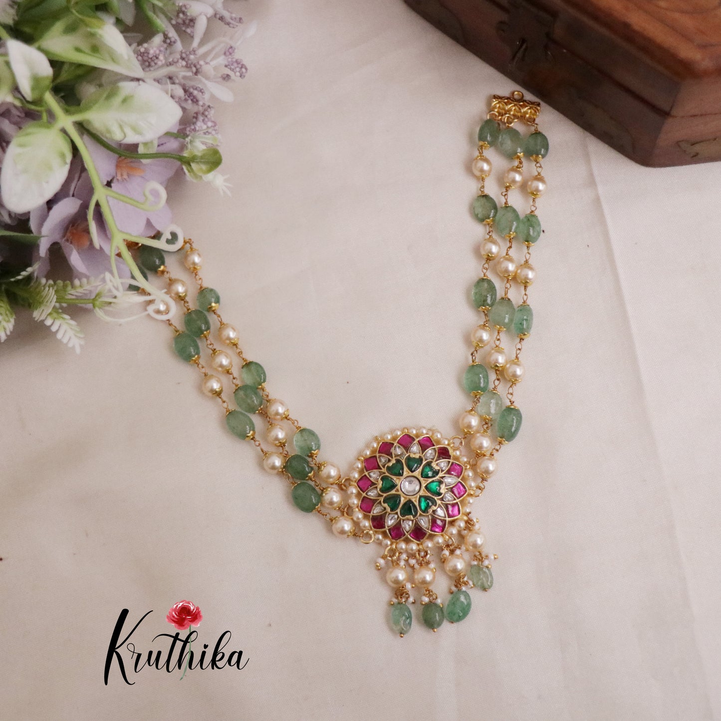 Beautiful Floral Design Jadau Chocker with Pastel Green Beads NC2114