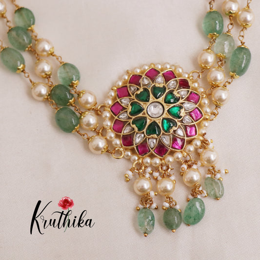 Beautiful Floral Design Jadau Chocker with Pastel Green Beads NC2114