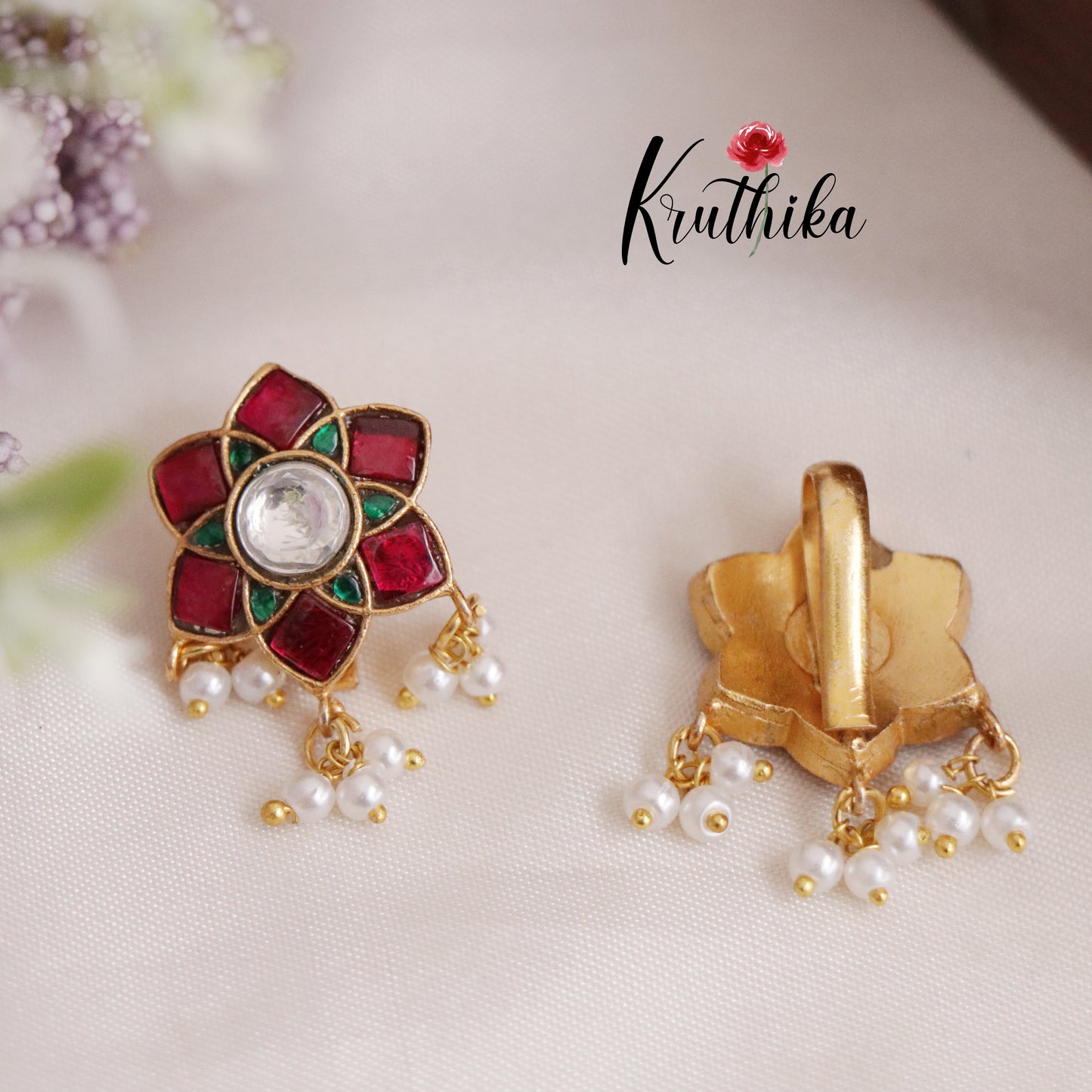 Beautiful floral Jadau Earcuffs | upper earrings | Bugadi Earrings E449 (Available in 2 Colours)