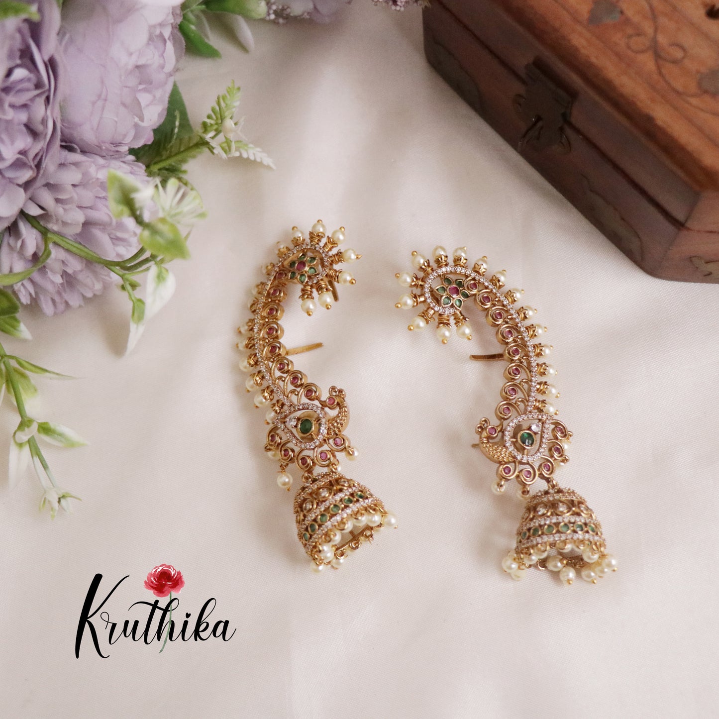 Grand Antique Pearl Peacock Ear Cuffs with Jhumkas E471