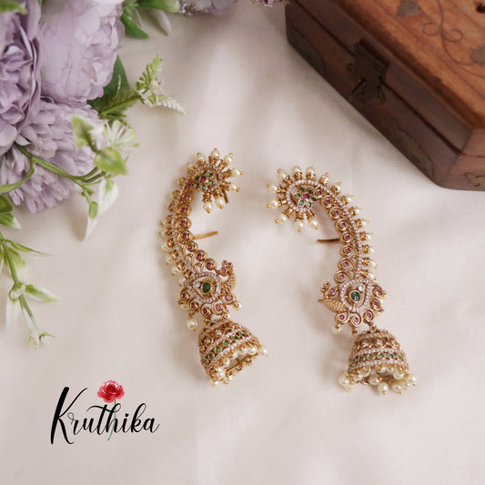 Grand Antique Pearl Peacock Ear Cuffs with Jhumkas E471