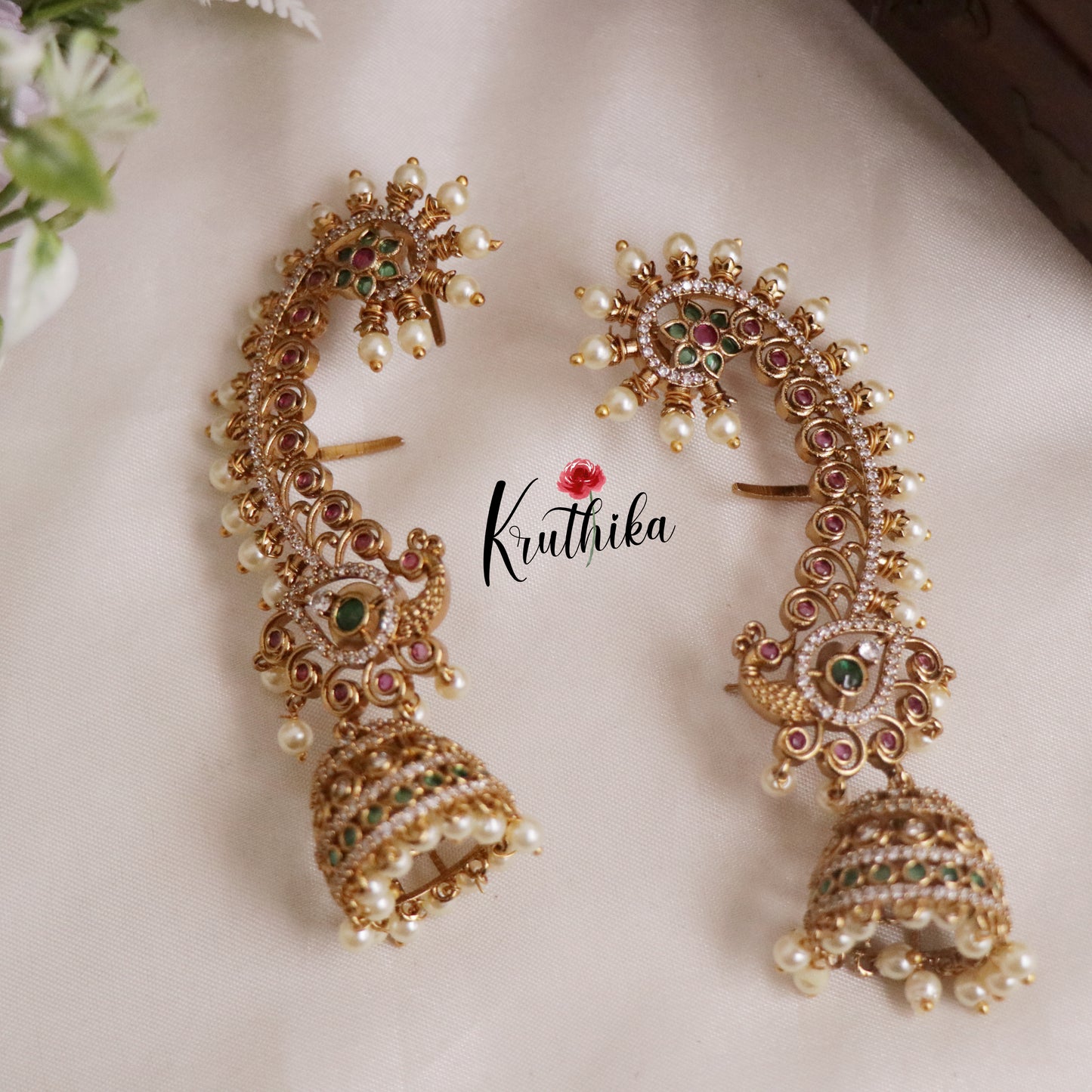 Grand Antique Pearl Peacock Ear Cuffs with Jhumkas E471