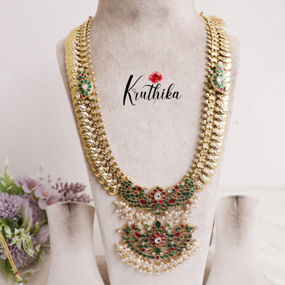 Royal Peacock Antique Jadau Kasu Haram with Pearl Drops LH1930