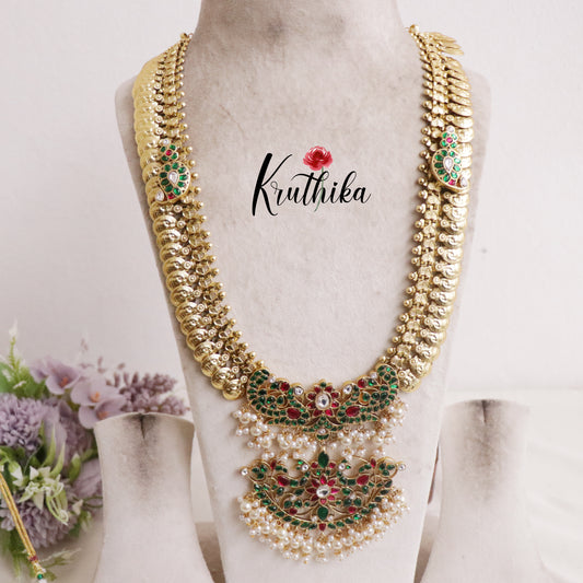 Royal Peacock Antique Jadau Kasu Haram with Pearl Drops LH1930